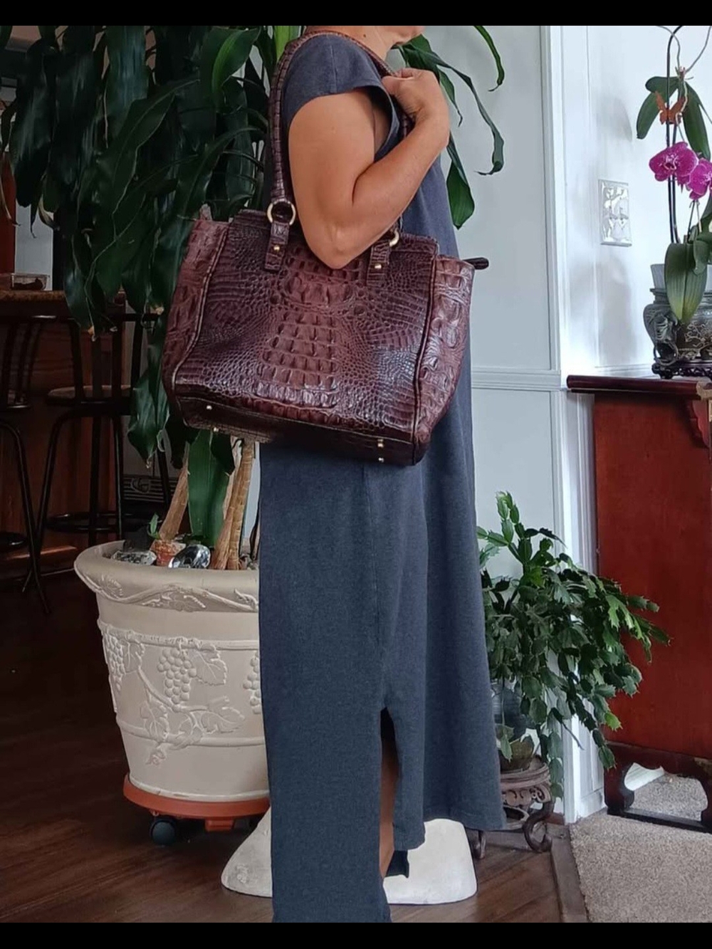 Brahmin Croc-Embossed Leather Tote in Dark Mahogany - Picture 2 of 10